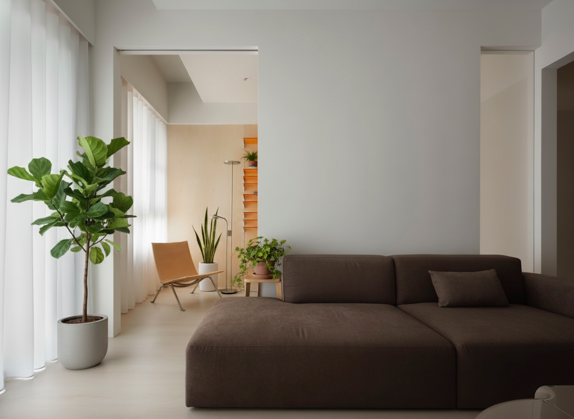 Let's place a few green leaves/plants at the corners of this room and the room inside the door, with balanced lighting on each plant