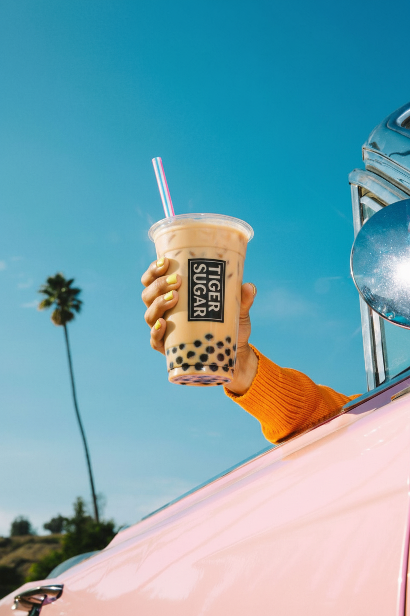 replace the drink in the image with a bubble tea , change the name on the bottle