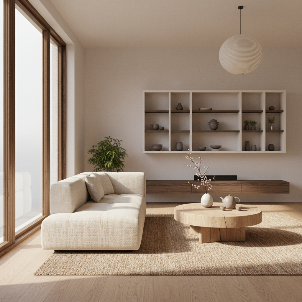 Minimalist Japandi living room with sunlight through window, natural wood texture, 4K render.