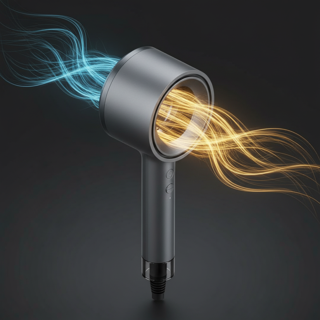 Product concept, Dyson-inspired hair dryer isometric view, dark background, with coloured lines representing smooth air flows coming in and out of the tunnel along its main axis, with blue being code air going in from the back, and gold being hot air coming out from the front.