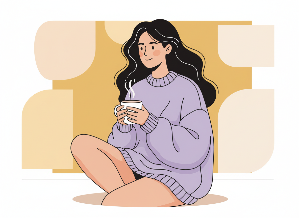 Cozy flat illustration of a woman with wavy dark hair wearing an oversized lavender sweater, sitting calmly and holding a steaming mug of coffee. Minimalist background in warm mustard yellow, soft shadows, clean line art, bold outlines, and pastel color palette. Modern editorial vector art style, smooth textures, hand-drawn feel, warm and relaxing mood.