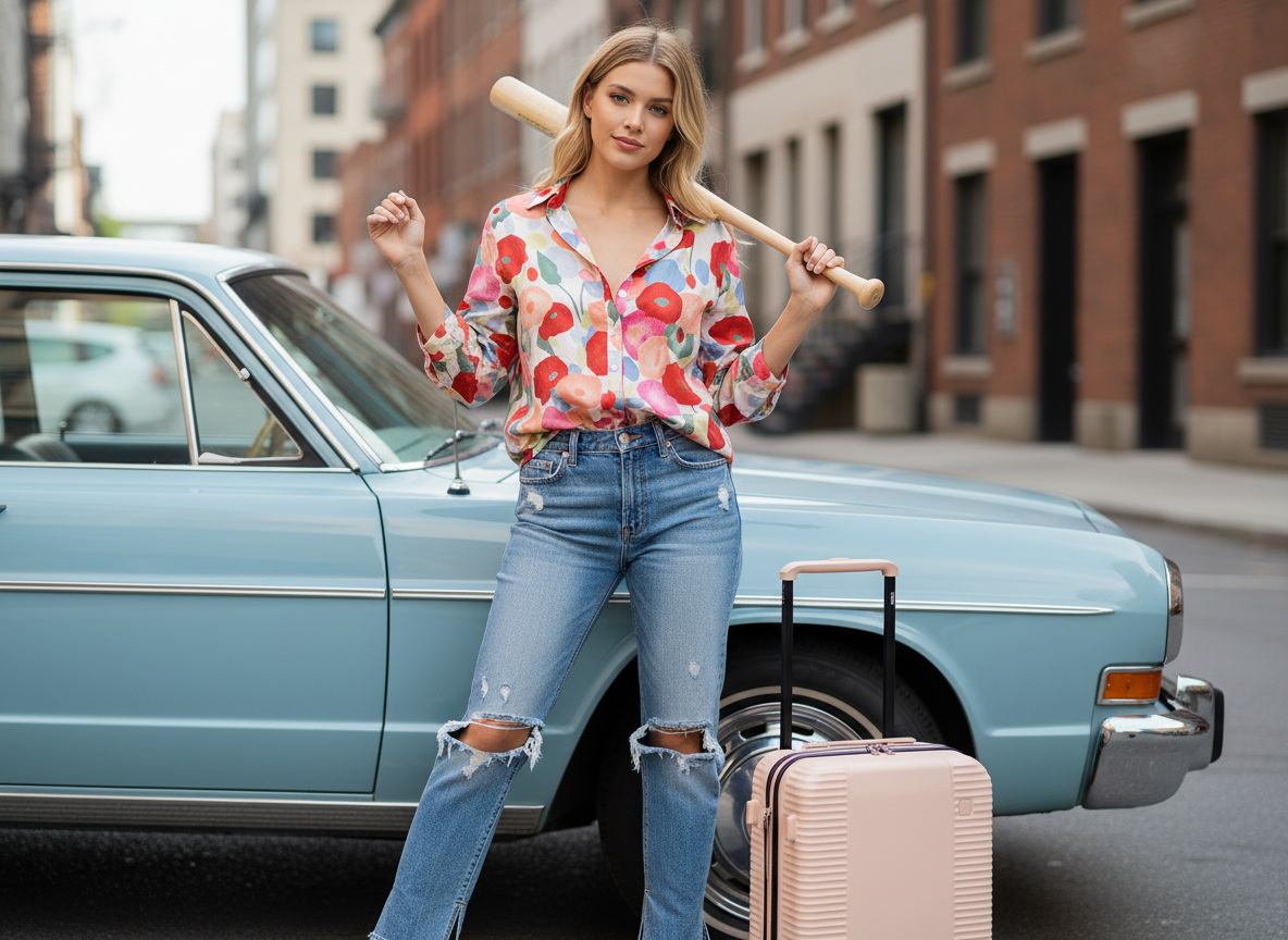 A stylish female model, wearing the floral patterned shirt from Image 5 and the ripped jeans from Image 2, stands confidently in front of the vintage blue car from Image 1. She holds the baseball bat from Image 3 casually over her shoulder, and the light pink suitcase from Image 2 rests on the ground beside the car. The scene is set outdoors with a subtle urban backdrop.