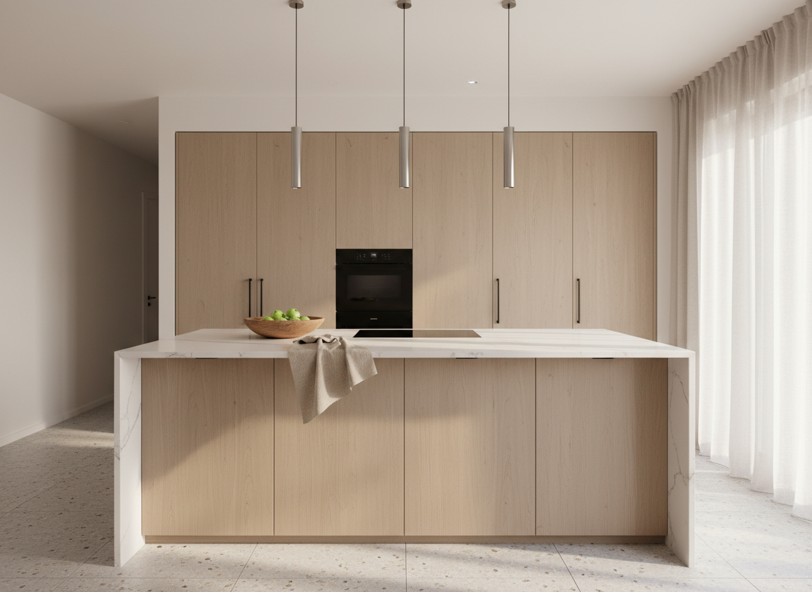 A spacious modern kitchen in a Scandinavian apartment photographed at eye level. Large island in white quartz with subtle gray veining, matte oak cabinets, black hardware, integrated appliances. Overhead, three slim cylindrical pendant lights in brushed aluminum hang evenly spaced. Behind the island: a wall of full-height cabinets with a built-in oven and hidden refrigerator. Natural daylight streams from a right-side window with sheer linen curtains, creating soft shadows across the countertop. On the island: a wooden fruit bowl with green apples and a folded linen napkin. Light gray terrazzo floor, walls in warm white (#F4F1EE). The composition feels airy, balanced, and photorealistic.