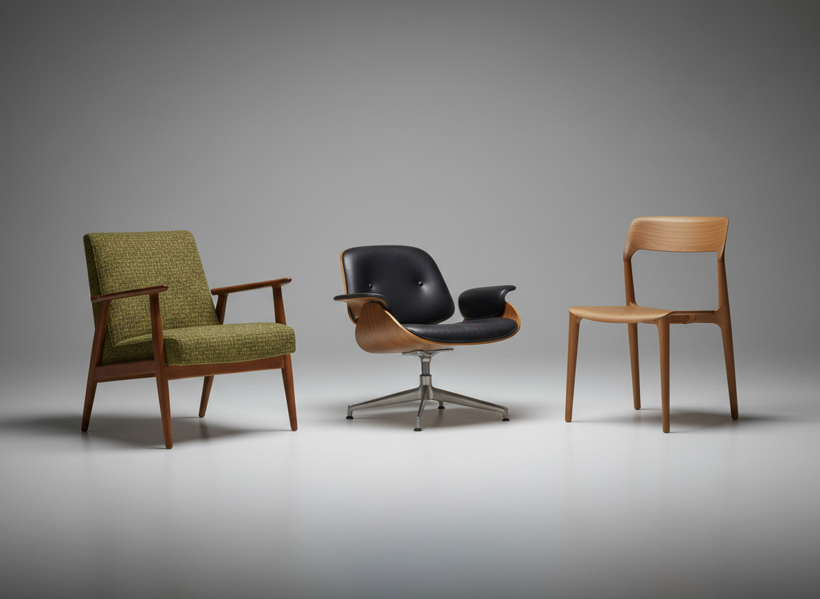 A professional studio photo of three mid-century designer chairs arranged diagonally on a seamless neutral gray background. Left: a walnut-framed armchair with olive-green woven fabric cushion. Center: an Eames-inspired molded plywood lounge chair with black leather seat and polished aluminum base. Right: a minimalist oak dining chair with curved backrest and matte finish. All chairs evenly lit with soft-box lighting from above and slightly left; subtle reflections on floor surface. Shadows short and diffuse. Captured at 35 mm, f/8 for full sharpness. High-end catalog aesthetic, emphasizing craftsmanship, joinery details, and material texture.