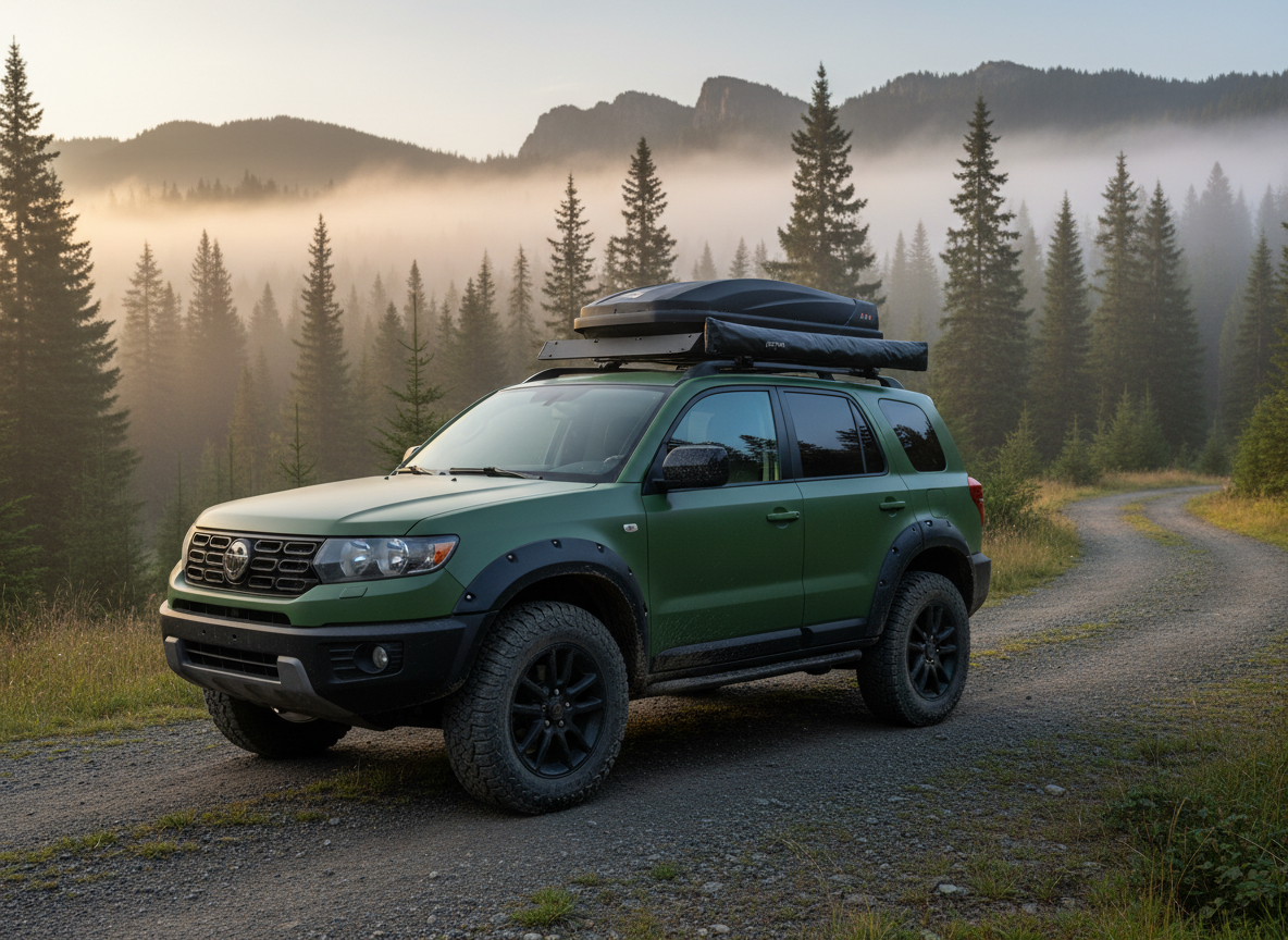 A realistic outdoor car photoshoot of a compact adventure-style SUV parked beside a dirt trail in early morning light. Car painted in matte forest-green with black trim, roof rack mounted with cargo box and folded awning. Mud-splashed tires with visible tread texture. Side mirrors folded, windows slightly tinted. Background: pine trees, misty mountains, and a gravel path curving away. Camera at waist height, 35 mm lens, slightly front-three-quarter angle. Soft sunlight from left casts golden reflection along body panels. No people visible. Natural shadows under car, subtle dust particles in air. Realistic, documentary-style automotive photography.