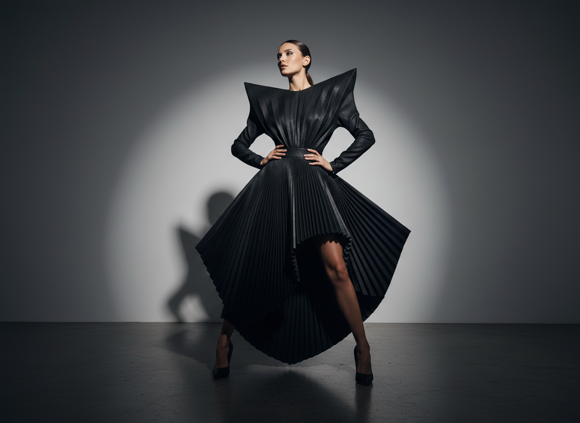 A dramatic fashion studio photoshoot featuring a female model in a sculptural black avant-garde outfit with exaggerated shoulders and asymmetrical pleats. She poses with one knee bent forward, one hand on hip, chin lifted, looking off camera with confidence. The background is neutral gray with a subtle spotlight gradient. Lighting setup: one strong key light from above left creating defined shadows on floor, fill light from right for balanced contrast. Camera at low angle, 70 mm lens. The outfit fabric shows sharp edges, matte black texture with faint sheen. Overall mood: bold, editorial, runway energy, photographed in ultra-high detail.