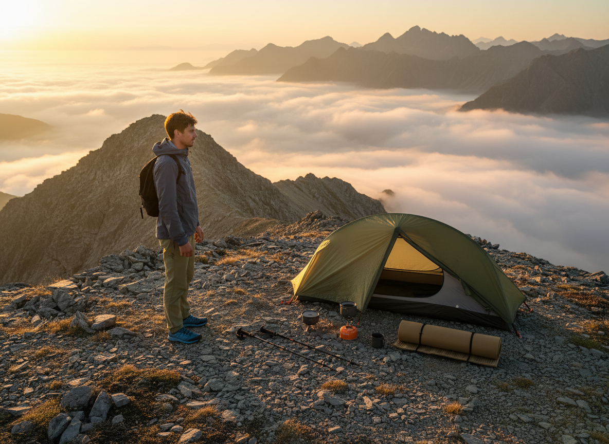 A commercial outdoor photo of a solo hiker in the wild carrying ultralight camping gear. The scene takes place at sunrise on a rocky ridge with golden fog in the background. The hiker wears a minimalist shell jacket (slate gray), lightweight hiking pants, and trail runners. On the ground: a compact tent, trekking poles, titanium cookware, and a rolled-up sleeping pad neatly placed beside a small backpack. Warm light from the left illuminates the subject’s face and gear surfaces. Composition follows rule of thirds, wide 24 mm lens showing vast landscape behind. The image should feel like an outdoor brand advertisement — crisp, realistic, adventurous.