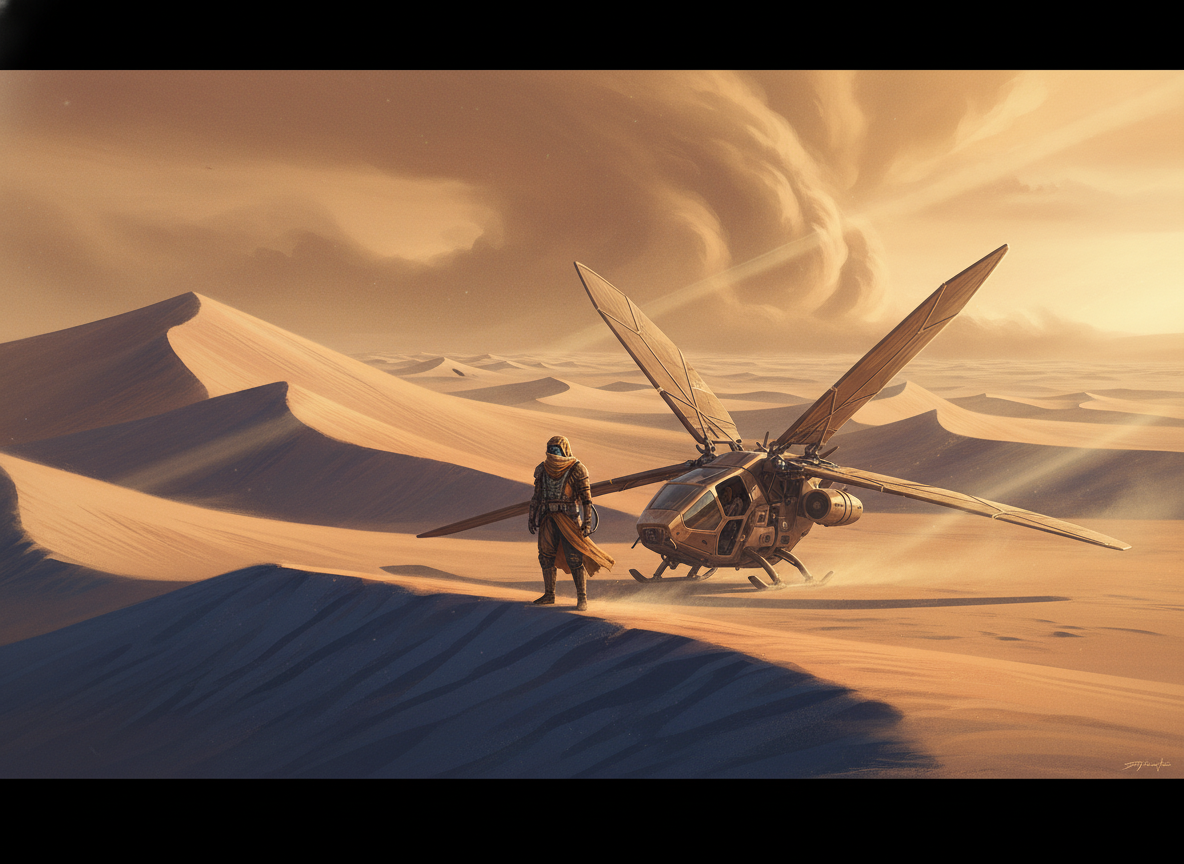 A cinematic concept art scene inspired by “Dune.” A vast desert under amber sky, giant sand dunes casting long shadows. In the mid-ground, a lone figure in desert armor stands beside a hovering ornithopter with folded wings, scale emphasized by distant sandstorm clouds. The armor has layered fabric and metallic tubing, subtle weathering, dust blowing around. Golden sunlight filters through haze, creating volumetric rays. Color palette: muted ochre, copper, and deep shadow blues. High-detail cinematic composition, widescreen 21:9 ratio. Should evoke grand scale, realism, and atmosphere.