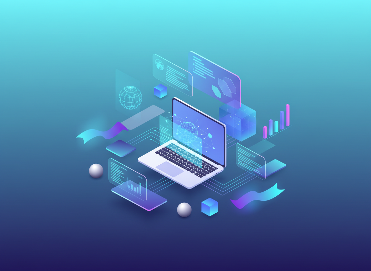 A clean vector-style 3D illustration for a modern technology website hero section. Composition features abstract floating panels, glowing data lines, and semi-transparent holographic UI elements in isometric perspective. Central focus: a stylized laptop emitting soft blue-white light, surrounded by geometric shapes (spheres, cubes, and gradient ribbons). Background: smooth gradient from deep navy (#0A0F2C) to cyan (#46C2E0). Lighting is soft and volumetric, reflections subtle. Overall style: minimalist, futuristic, crisp edges, designed for web display with generous white space and balanced hierarchy.