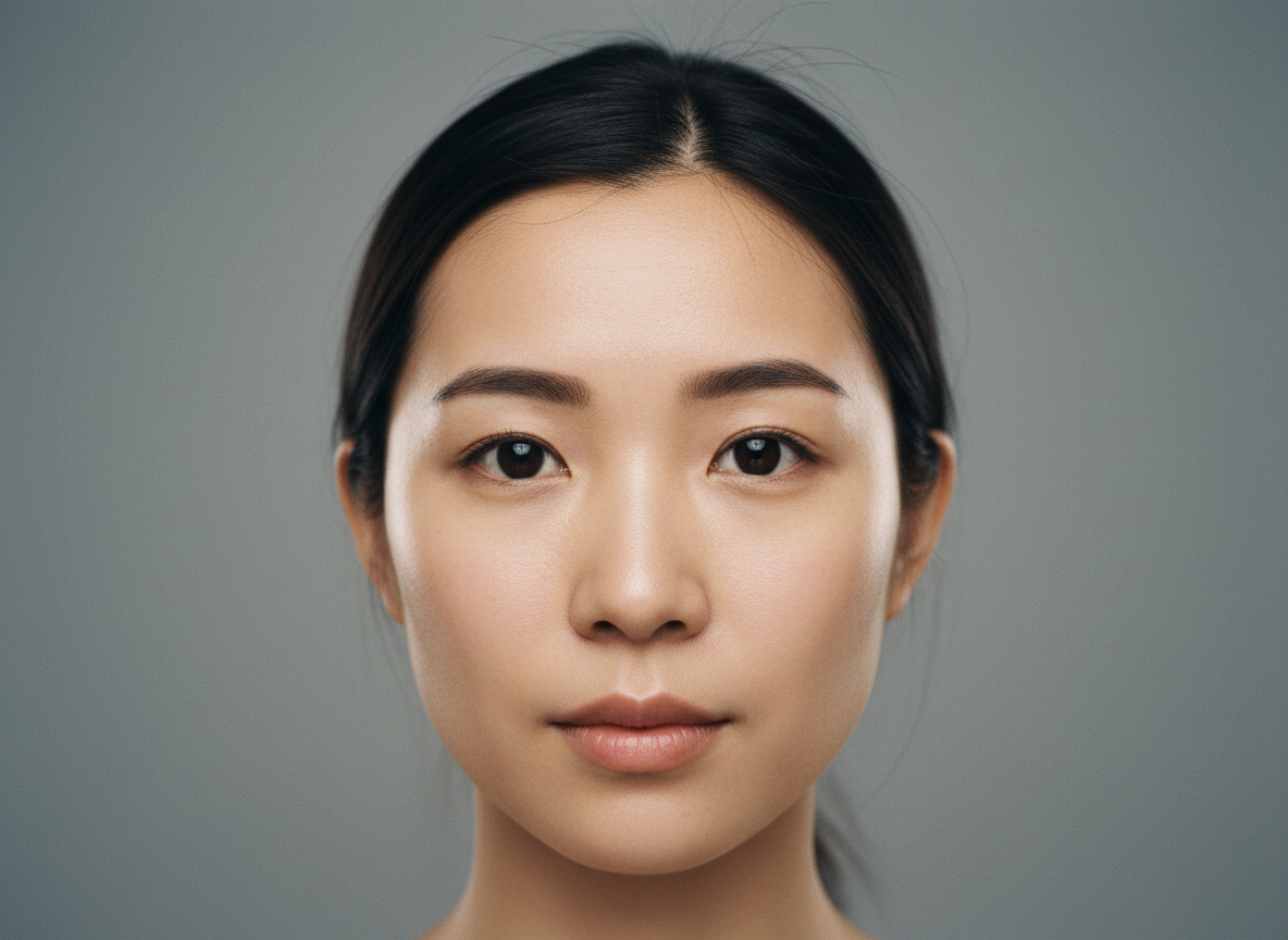 A hyper-realistic studio headshot of a young East Asian woman, framed tightly from forehead to collarbone. Shot with an 85 mm lens at f/4, eyes perfectly in focus. Neutral gray background. Balanced softbox lighting from both sides, slight catch-light in the eyes. Skin shows fine pores, tiny peach fuzz, and natural tonal variations — not airbrushed. Light reflects subtly on lips and irises. Hair softly parted with individual strands visible. Expression calm, lips gently closed. No jewelry, no makeup except light powder. The result should look like an untouched RAW photograph from a fuji film camera.