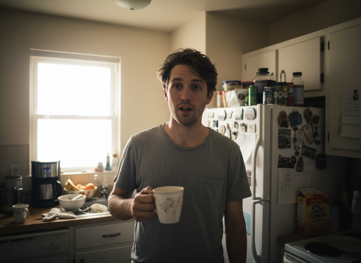 A candid everyday photo taken with a mobile phone by a non-professional person. The subject is a man in his late 20s standing in his kitchen holding a mug, mid-sentence, slightly motion-blurred hand. Photo framed unevenly, horizon slightly tilted. Overhead warm ceiling light creates uneven yellowish tone. The phone camera adds slight grain and chromatic noise in darker areas. Background cluttered with fridge magnets and countertop items. Color balance imperfect — mild overexposure near window. No aesthetic filter, no composition awareness. It should look exactly like a raw, unedited phone snapshot taken spontaneously.