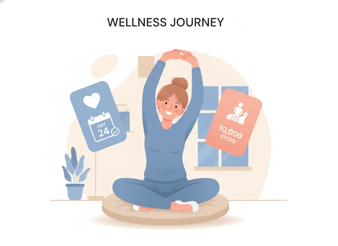 A 2D vector-style illustration designed for the home screen of a wellness and lifestyle mobile app. The composition shows a friendly young woman sitting cross-legged on a floor cushion in a bright living room, stretching her arms upward while smiling. Behind her, soft pastel shapes form abstract background panels resembling smartphone UI cards — one with a heart icon, one with a calendar, and one with a step counter. Color palette: muted blues, warm beiges, and light coral accents (#E4B1A0). Clean flat shading with subtle gradients and soft shadow under the character. Lines smooth, proportions friendly and rounded. Layout balanced for vertical mobile screen display with generous white space at top for app title placement. The image should look like a promotional download graphic from an official app store — modern, minimal, and approachable.