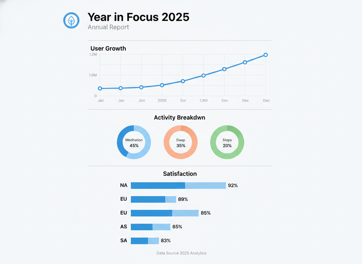 A clean, modern vertical infographic titled “Year in Focus 2025,” designed for a wellness app annual report. Four sections separated by thin dividers. (1) Header: app logo top-left, bold title “Year in Focus 2025,” subtitle below in gray text. (2) User Growth: smooth line chart Jan–Dec, from 200K to 1.8M users, blue line with circular data points, light gray grid. (3) Activity Breakdown: three donut charts labeled Meditation 45%, Sleep 35%, Steps 20%, colors: blue #58A6E4, peach #F5B89E, green #9BC8A0. (4) Satisfaction: horizontal bars showing NA 92%, EU 89%, AS 85%, SA 83%, even spacing, sans-serif labels. Footer note: “Data Source 2025 Analytics.” Flat vector style, balanced layout, off-white #F9F9F8 background, minimal shadows, polished and professional like Apple Health marketing.