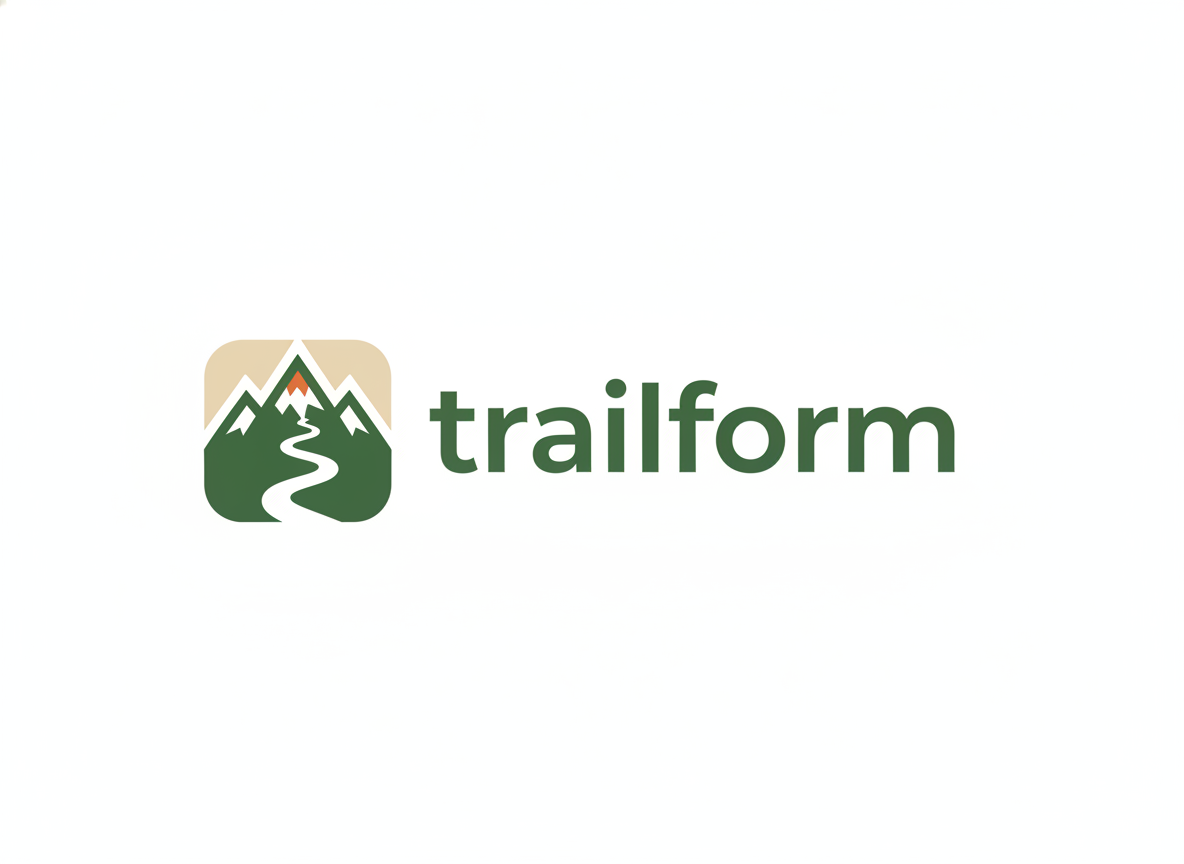 A professional vector-style logo for a sustainable travel brand called “Trailform.” Layout: left side icon + right side text. The icon is a minimalist geometric shape combining a stylized mountain silhouette with a winding trail forming the letter “T.” Clean negative space, balanced proportions, slightly rounded corners. The text uses a modern sans-serif font in lowercase, spacing generous, weight medium. Primary color palette: forest green (#3B5E43) and sand beige (#E5D5B5), secondary accent in muted orange (#E97F4C). The design should feel premium yet friendly, suitable for both app icon and website header. Background pure white, no shadows. Composition centered, crisp edges, fully symmetrical and print-ready.