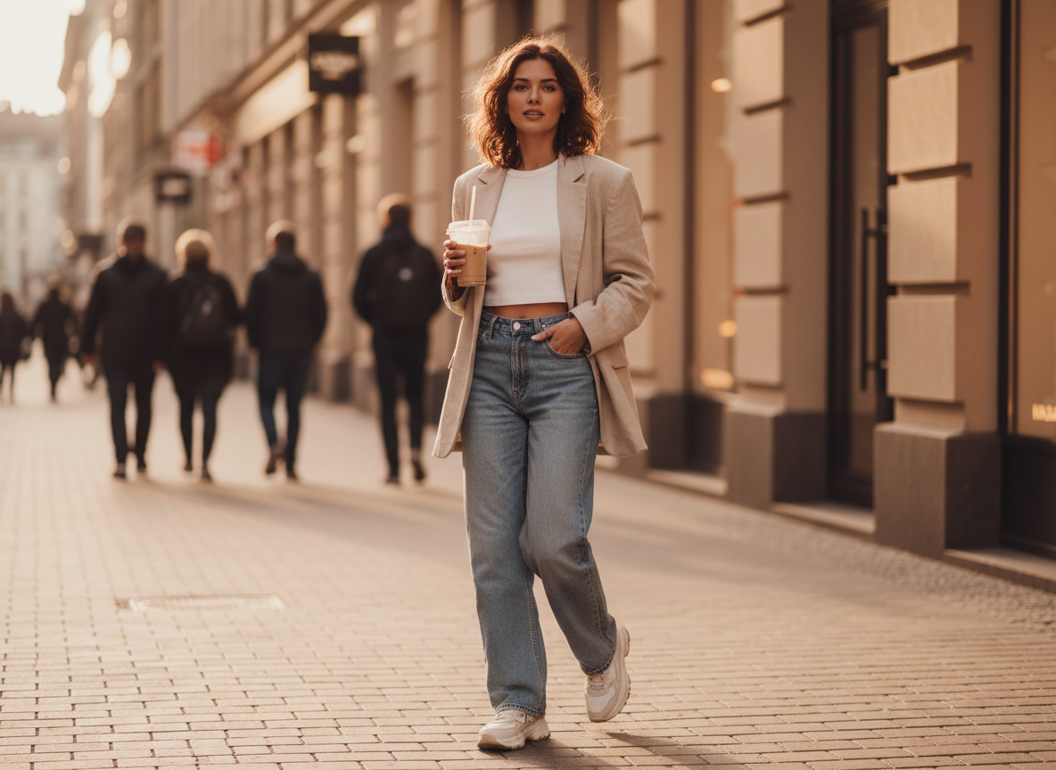 A candid, high-end Instagram photo of a young woman standing on a sunlit city street. She wears a light beige oversized blazer over a white cropped tee, high-waist denim jeans, and chunky sneakers. One hand in pocket, the other holding an iced coffee cup. Golden-hour lighting with soft shadows across the pavement. Background shows blurred pedestrians and warm storefront reflections. Shot at 50 mm, f/2.8, shallow depth of field. Her hair is slightly messy, expression relaxed and natural. The overall mood is effortless, modern, aspirational.