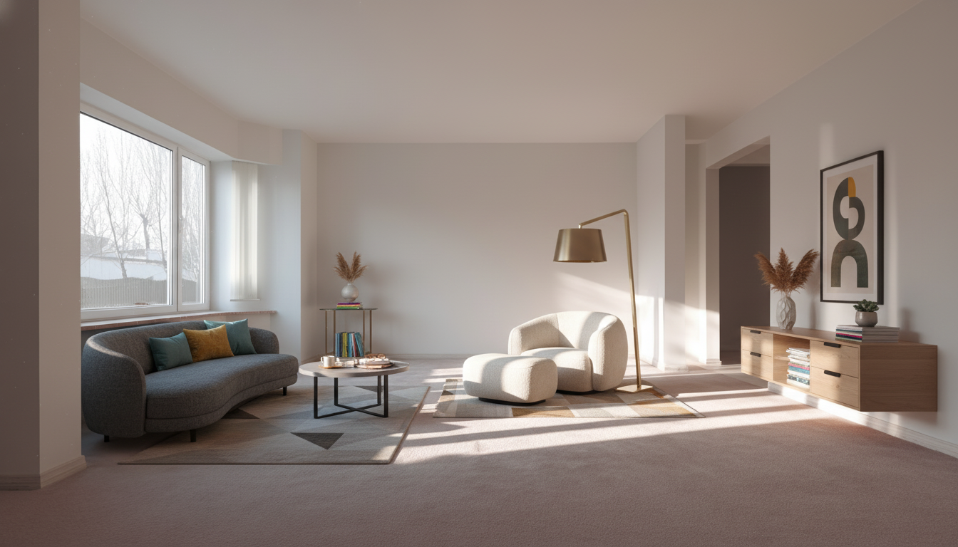 Let's place some post modern style furniture in this room to furnish it, consider the layout and shape of the room, make reasonable placement of furnitures. Adds regular objects on furnitures as if someone actually lives here. make sure lighting can be casted on the furniture, keep it still as a realistic looking photograph.