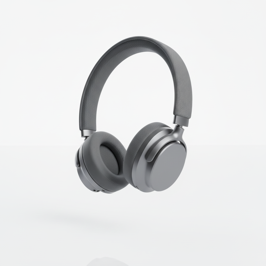 rotate the head phone for 30 degrees, and reveal one side of it a bit. make the background completely white, no reflections in the bottom of the image, make the headphone larger in the image.