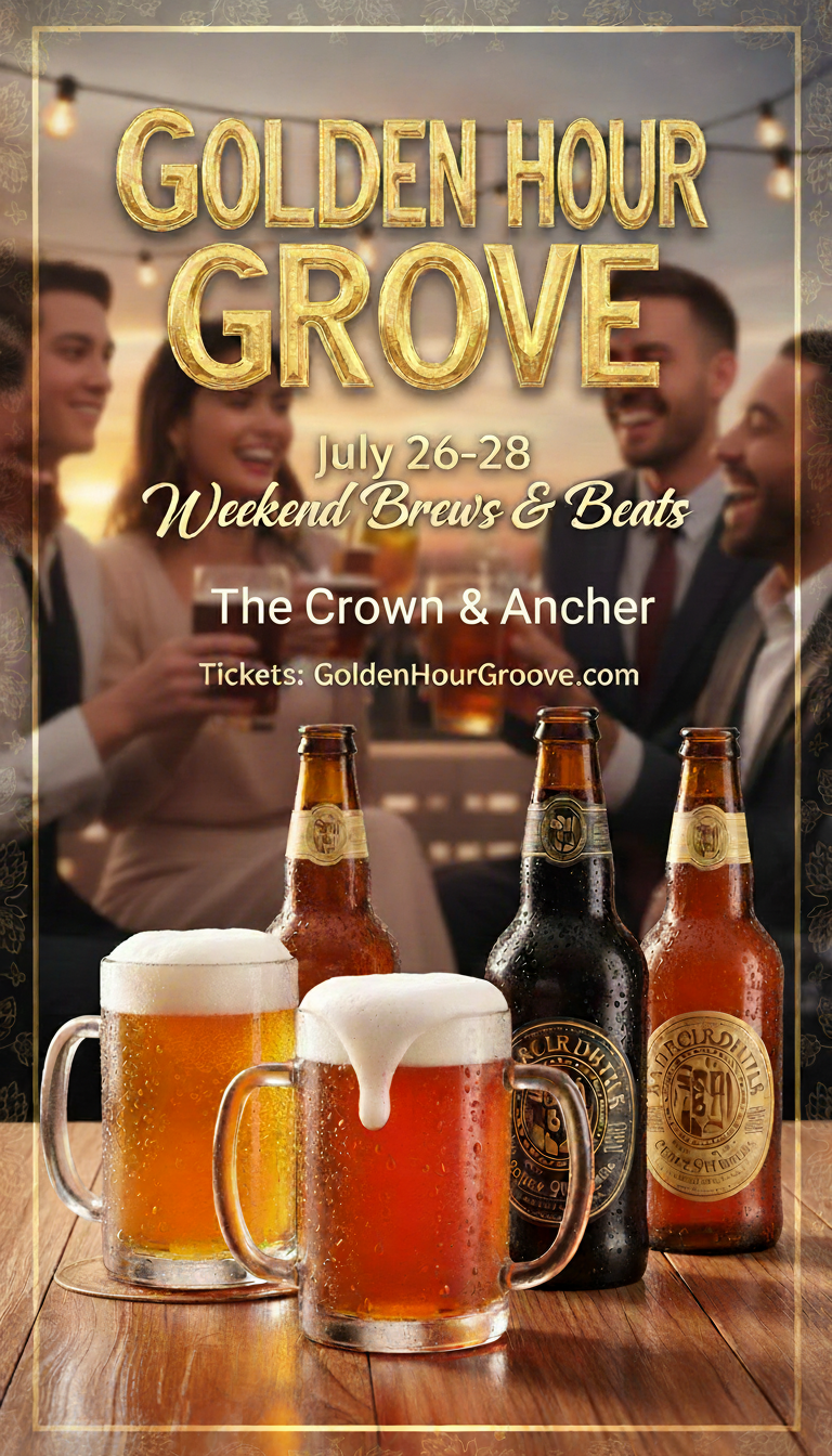 Let's add a line "The Crown & Anchor" below "weekend brews & beats" in sanserif font showing the bars name.