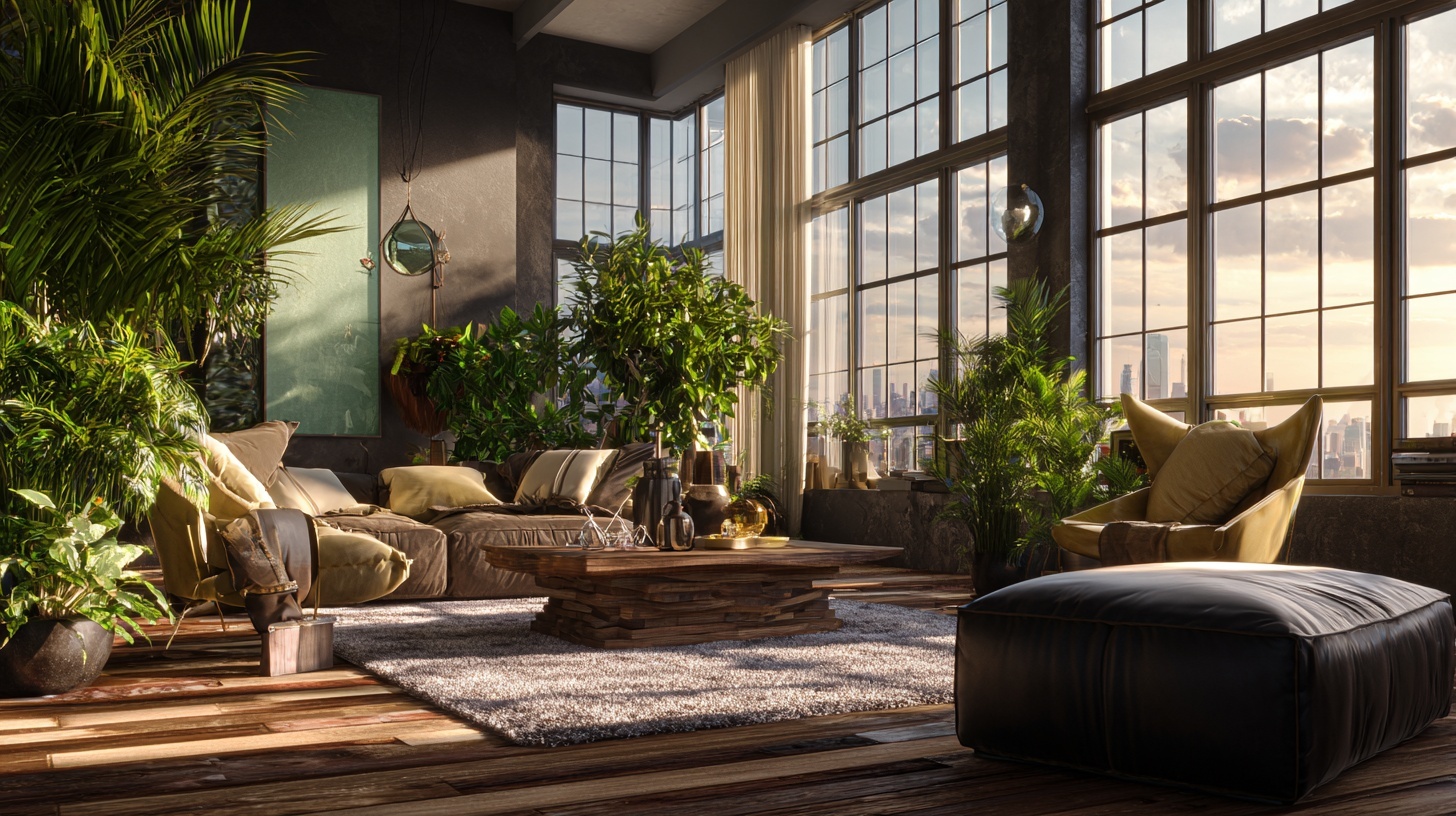 luxury loft living room marketing hero shot with lifestyle models, golden hour rim light, floor-to-ceiling windows, sculptural furniture, lush indoor plants, cinematic composition, vibrant but tasteful color grading, ultra-detailed 8k render.