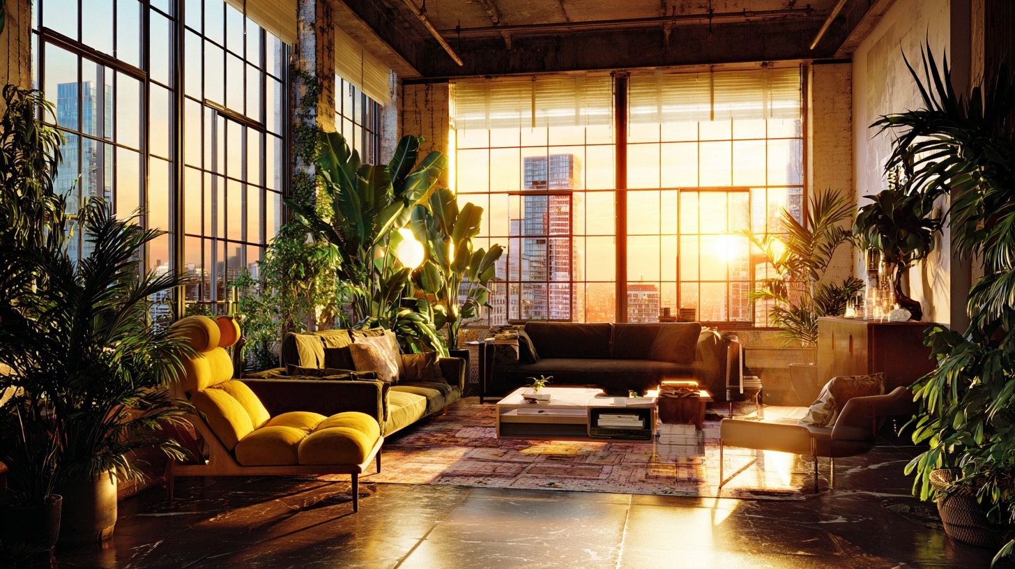 luxury loft living room marketing hero shot with lifestyle models, golden hour rim light, floor-to-ceiling windows, sculptural furniture, lush indoor plants, cinematic composition, vibrant but tasteful color grading, ultra-detailed 8k render.