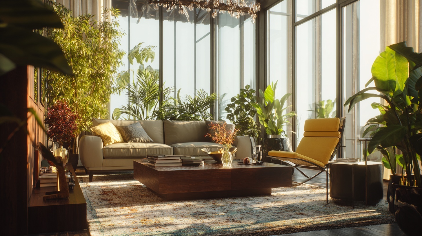 luxury loft living room marketing hero shot with lifestyle models, golden hour rim light, floor-to-ceiling windows, sculptural furniture, lush indoor plants, cinematic composition, vibrant but tasteful color grading, ultra-detailed 8k render.