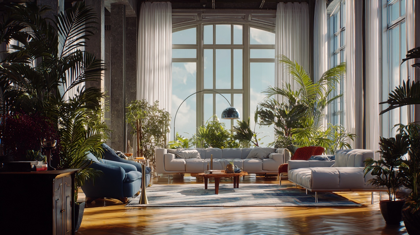 luxury loft living room marketing hero shot with lifestyle models, golden hour rim light, floor-to-ceiling windows, sculptural furniture, lush indoor plants, cinematic composition, vibrant but tasteful color grading, ultra-detailed 8k render.