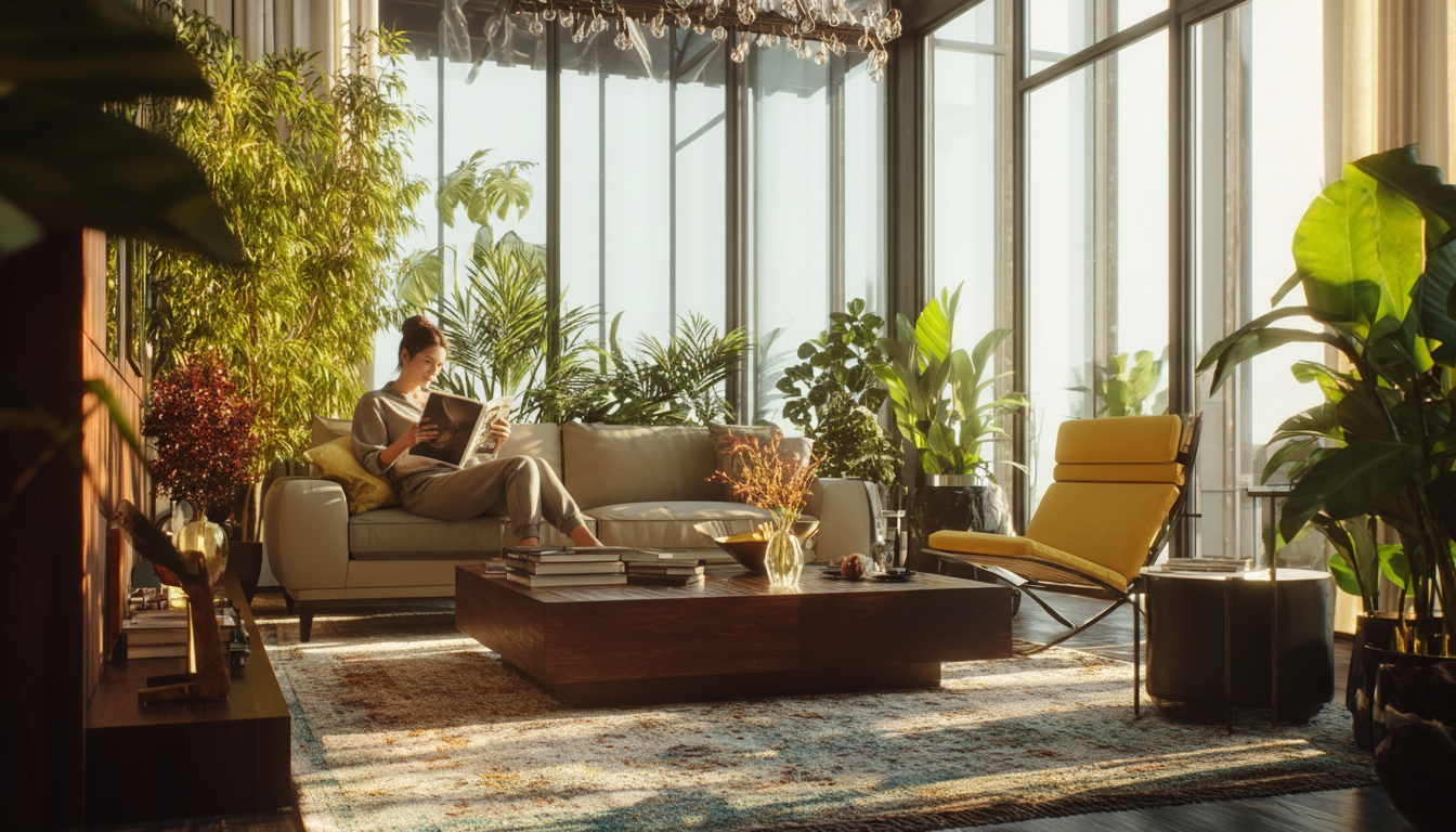 Let's add a female lifestyle model and have her sit on the left side of the sofa casually reading a magazine.