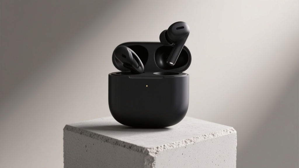fast concept test of matte-black wireless earbuds displayed on a geometric concrete pedestal, soft studio backlighting, minimalist e-commerce composition, neutral backdrop variations.