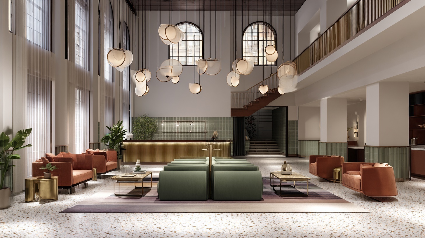 boutique hotel lobby concept with double-height ceiling, sculptural pendant lights, terrazzo flooring, sage velvet seating, warm brass accents, editorial wide-angle lighting, cinematic composition.