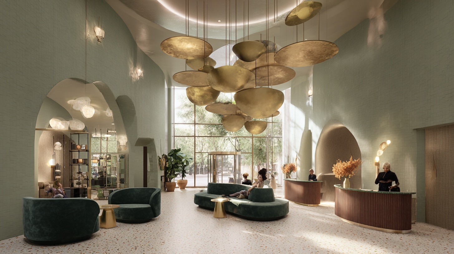 boutique hotel lobby concept with double-height ceiling, sculptural pendant lights, terrazzo flooring, sage velvet seating, warm brass accents, editorial wide-angle lighting, cinematic composition.