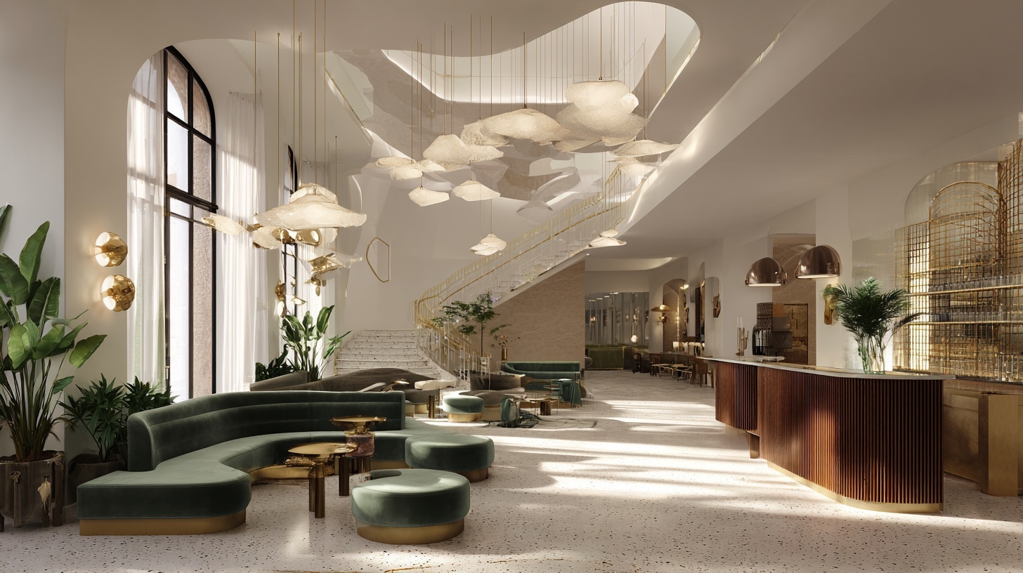 boutique hotel lobby concept with double-height ceiling, sculptural pendant lights, terrazzo flooring, sage velvet seating, warm brass accents, editorial wide-angle lighting, cinematic composition.