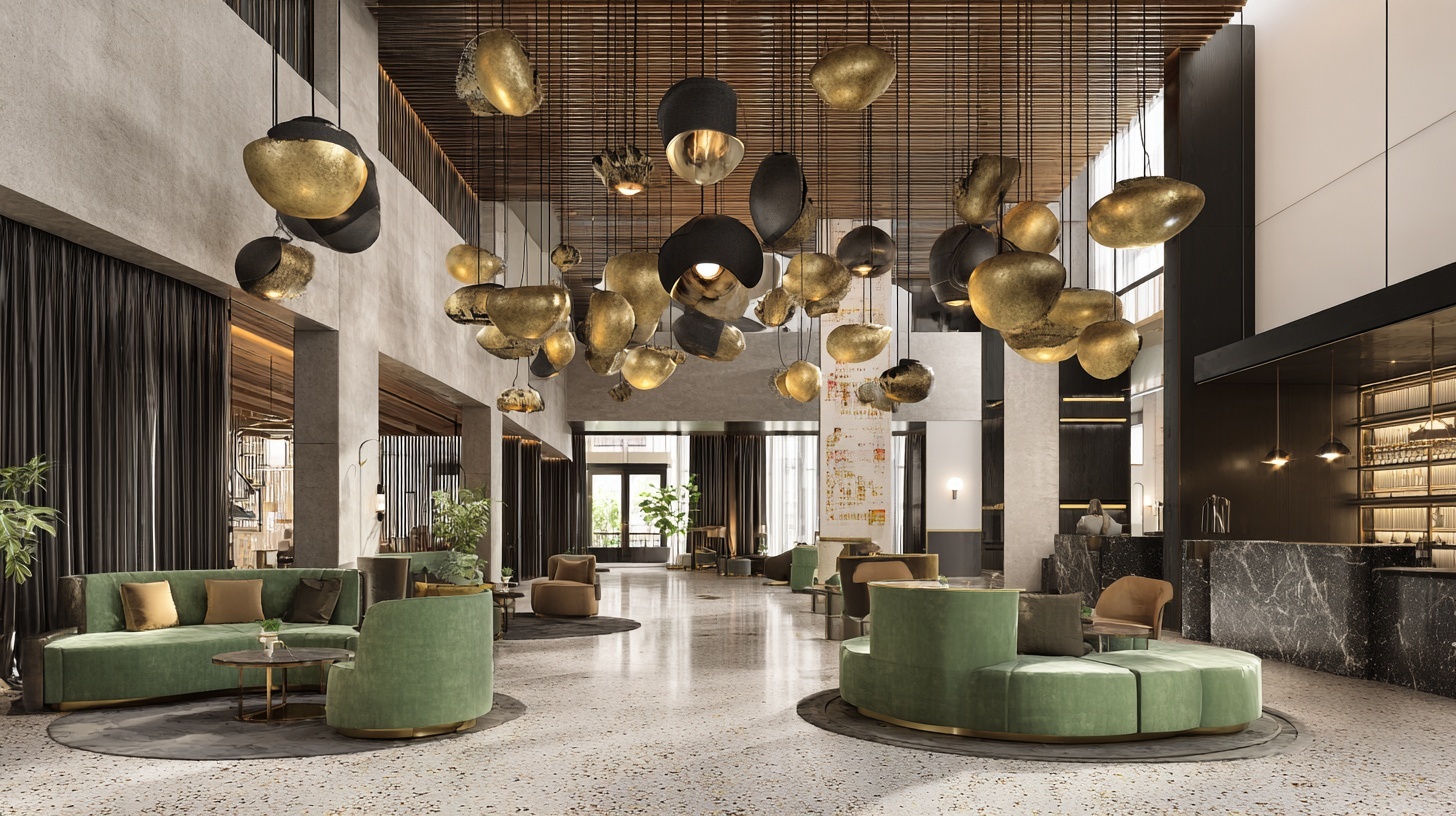 boutique hotel lobby concept with double-height ceiling, sculptural pendant lights, terrazzo flooring, sage velvet seating, warm brass accents, editorial wide-angle lighting, cinematic composition.