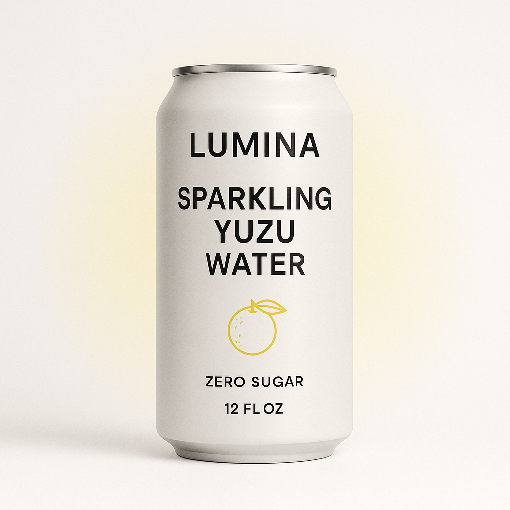 front-facing packaging mockup for sparkling water brand "LUMINA" with slim aluminum can centered, include clear headline text "SPARKLING YUZU WATER", secondary copy "ZERO SUGAR • 12 FL OZ", minimalist iconography, clean white background with pale yellow gradient aura.