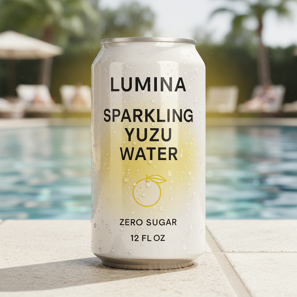 Add photorealistic reflections to the can, deepen the yuzu yellow gradient, introduce soft studio rim light, enhance condensation droplets, keep every piece of typography sharp and unchanged. replace the background with a summer swimming pool, and let the can be placed on the edge tile of the pool with background a bit blurred.