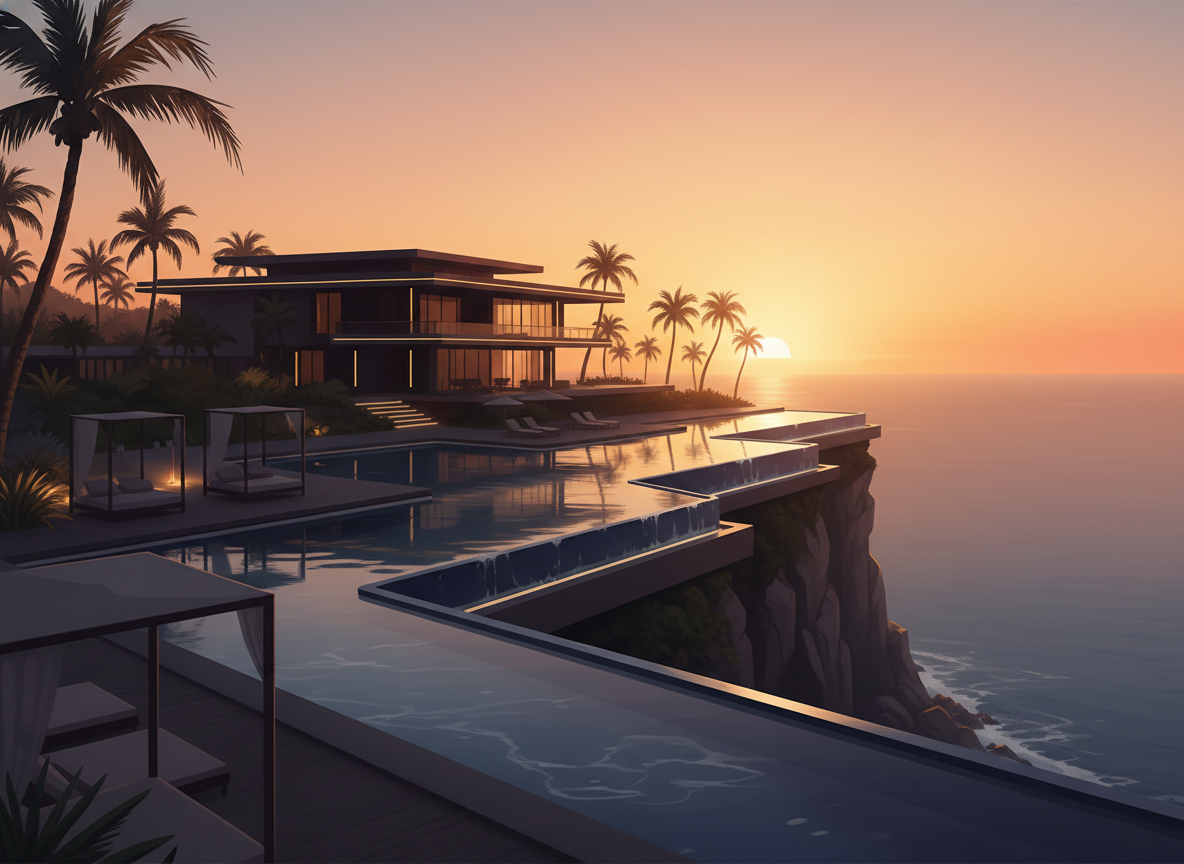 paint a luxury cliffside resort at golden hour, include layered palm trees, cascading pools, and warm architectural lighting. make sure the horizon and hero building silhouettes are clean for handoff.