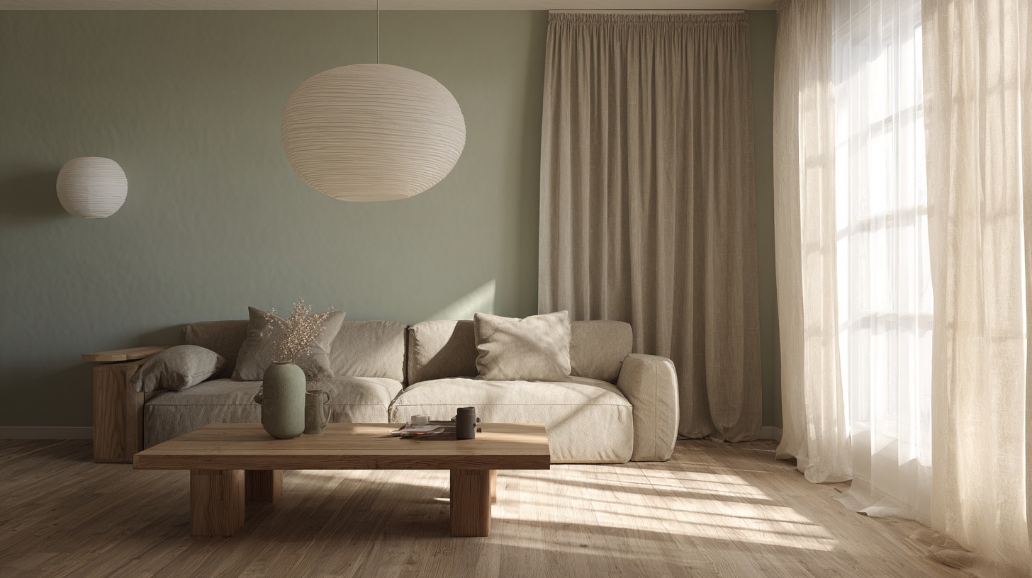 A Japandi living room with a low wooden coffee table, beige linen sofa, natural oak flooring, paper pendant lamp, minimal decor, soft natural light through sheer curtains, muted sage green accent wall, warm and calm atmosphere