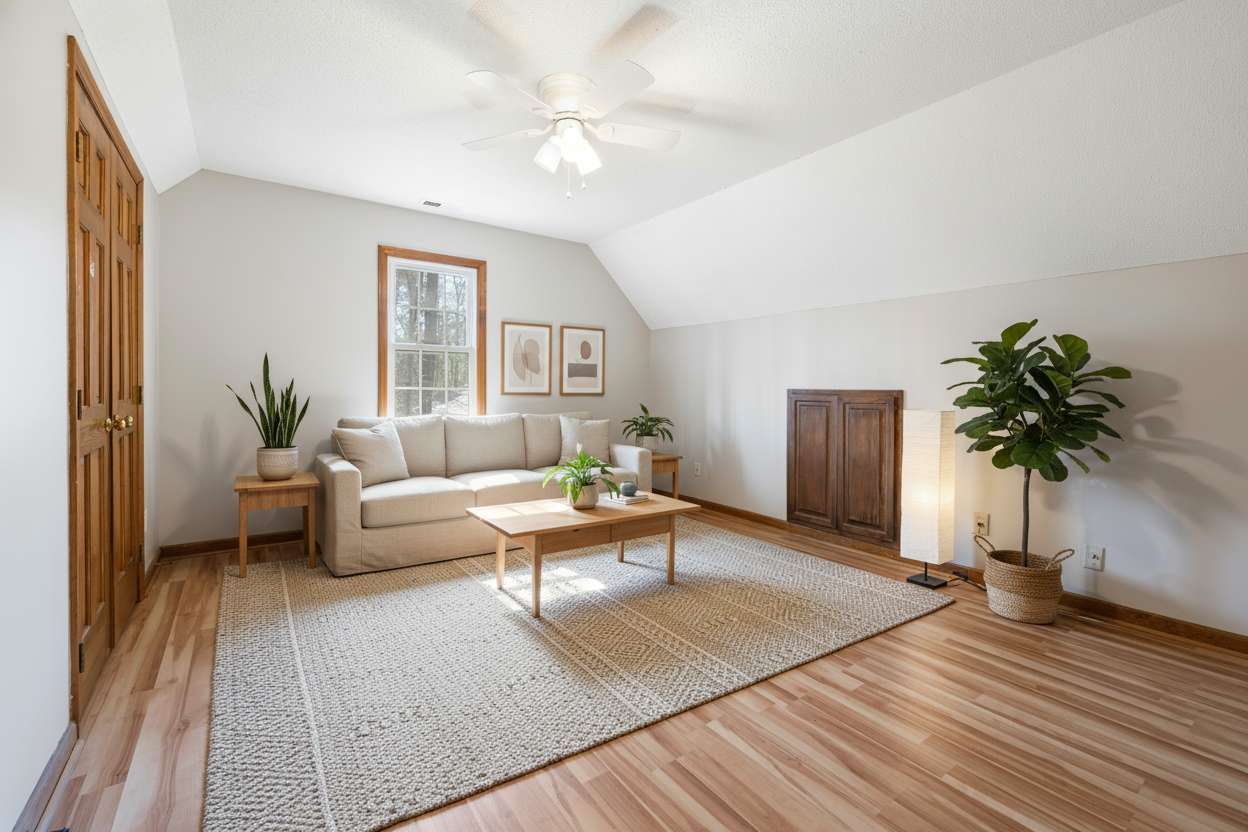 Transform this empty room into a fully furnished Japandi living room with a beige linen sofa, low wooden coffee table, floor lamp, area rug, wall art, potted plants, and warm natural lighting. Keep the same perspective and camera angle. respect the current layout, place furnitures in reasonable places.