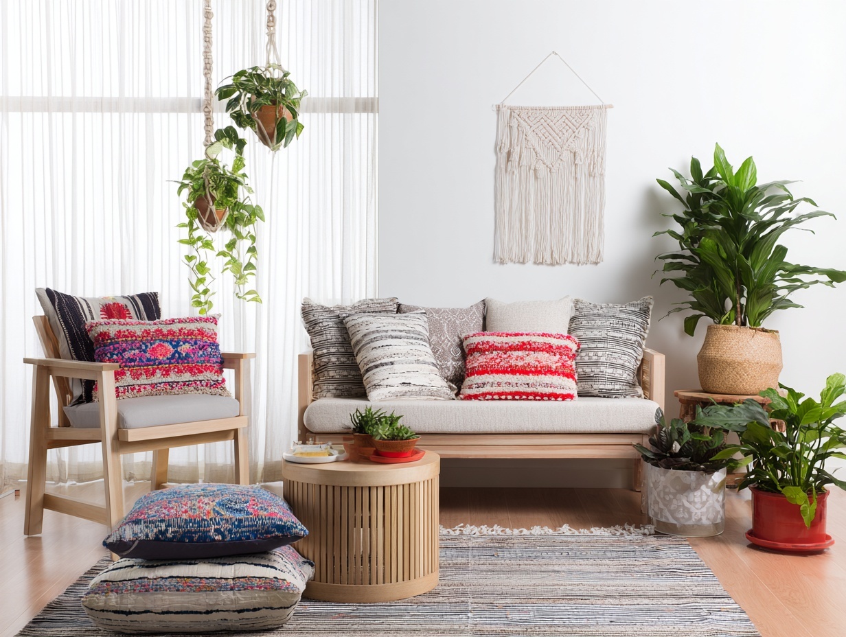 Create a living room that blends Scandinavian and Boho styles: light wood furniture and neutral base (Scandi) with layered textiles, colorful cushions, and hanging plants (Boho). Balance minimalism with warmth.