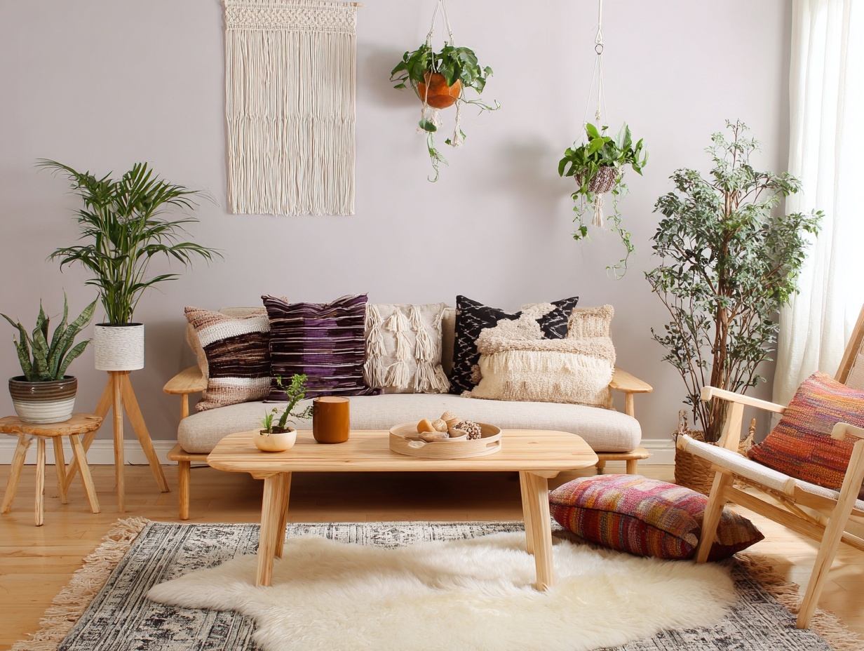 Create a living room that blends Scandinavian and Boho styles: light wood furniture and neutral base (Scandi) with layered textiles, colorful cushions, and hanging plants (Boho). Balance minimalism with warmth.