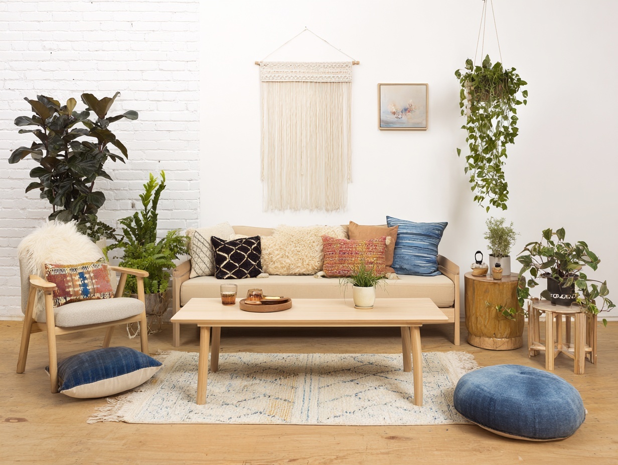 Create a living room that blends Scandinavian and Boho styles: light wood furniture and neutral base (Scandi) with layered textiles, colorful cushions, and hanging plants (Boho). Balance minimalism with warmth.