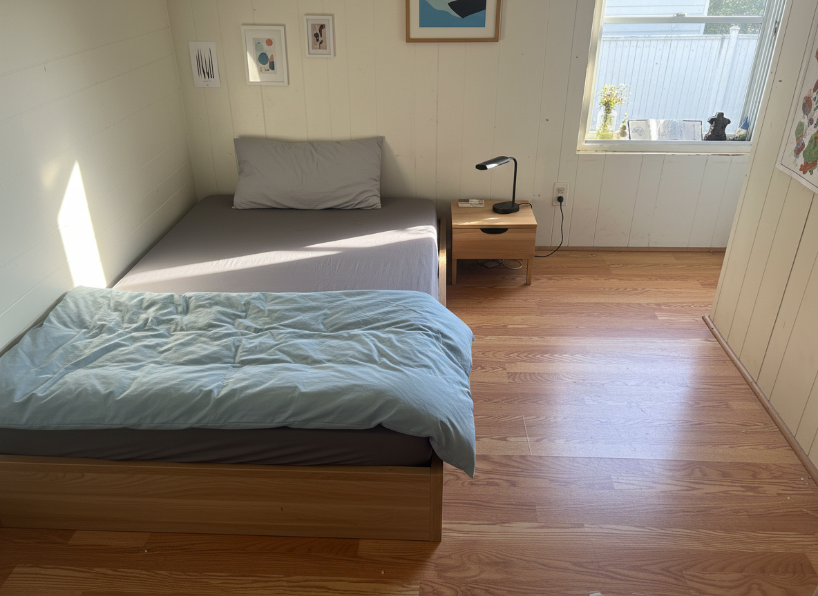 Simplify this bedroom by removing excess decor, clutter, items on the floor, and unnecessary furniture. Keep only essential pieces. Clean up the room and create a clean, breathable space.