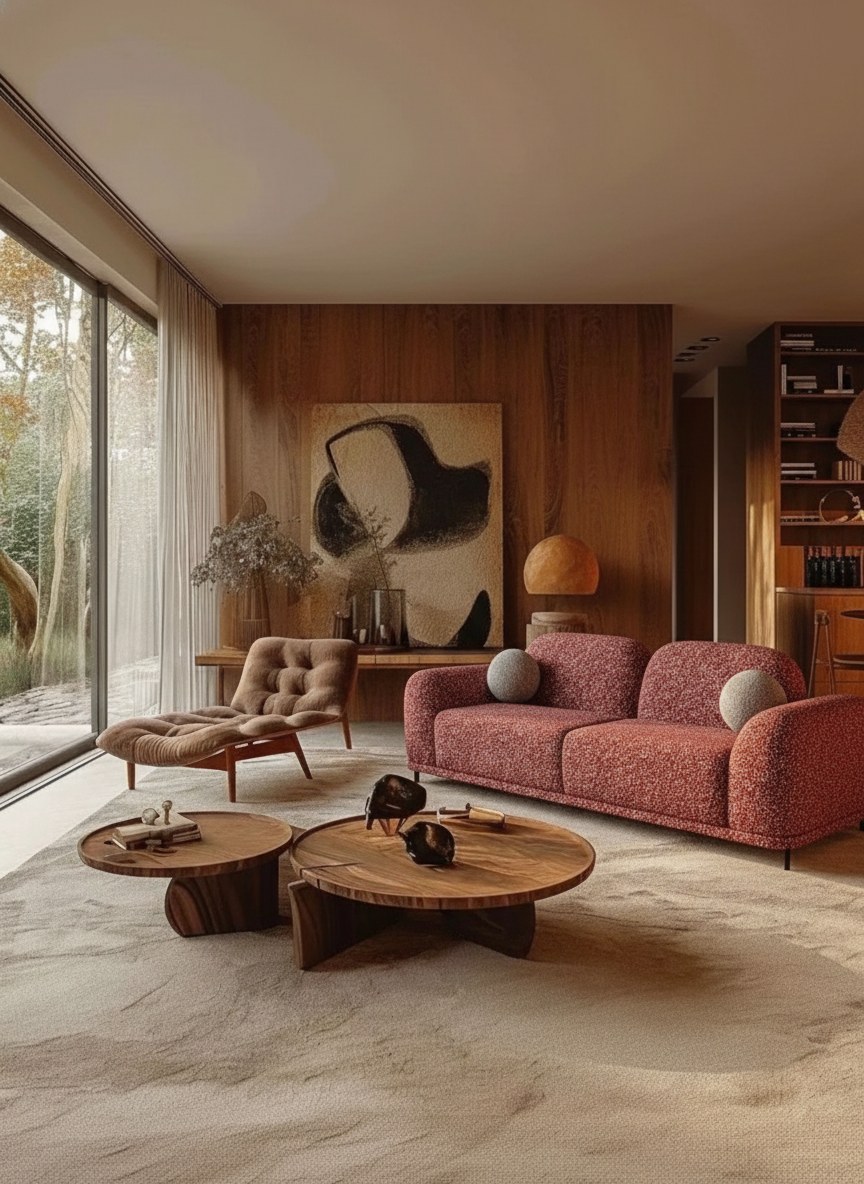 Let's replace the white sofa on the right of the source image (image 1) with the red sofa from image 2 and place it about 45 degrees facing the window, and make sure you maintain the red sofa's design details when placing it in the scene, enhance the image quality and keep the rest unchanged.