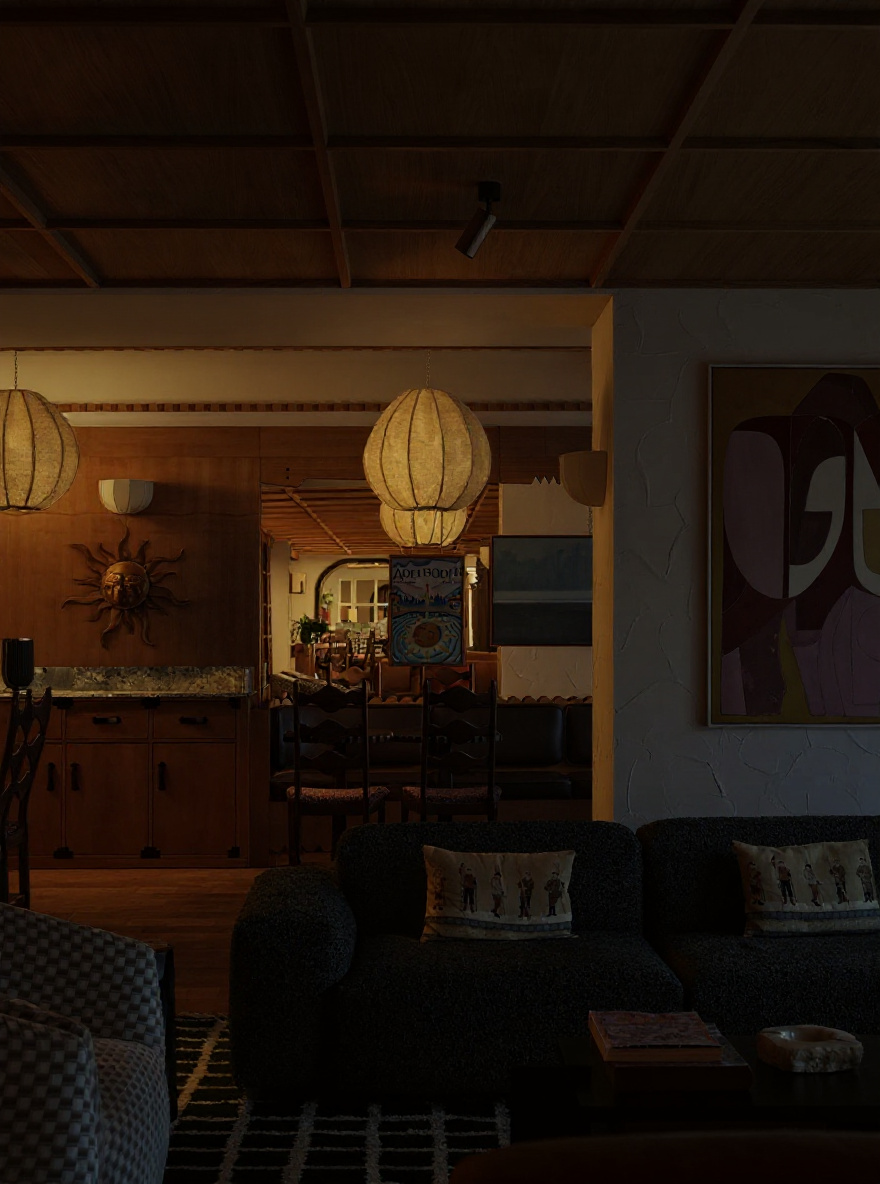 Change the time of the photo from day time to 8pm in the evening, turn off the natural light coming into the room, turn on the interior's lightings, including the ceiling lamps to brighten up the room making it look like a cozy evening making the interior look bright.