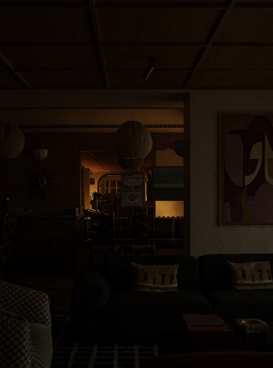 Change the time of the photo from day time to 8pm in the evening, turn off the natural light coming into the room, turn on one of the ceiling lamps further in the distance to brighten up a corner of the room making it look like a cozy evening.