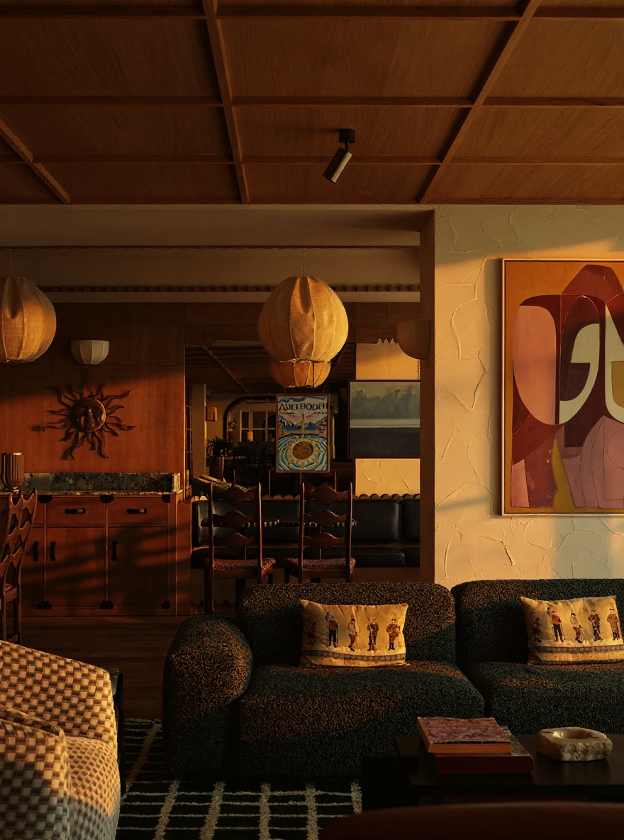 Change this space to golden hour lighting (late afternoon). Show warm, soft sunlight streaming through windows at a low angle, creating long shadows and a warm golden glow on surfaces.