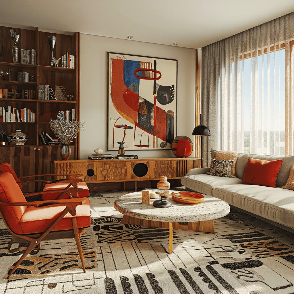 Rotate the camera view of this photo 45 degrees towards the window on the right side, still keep the coffee table in the center of the image. Make no change of the furniture layout