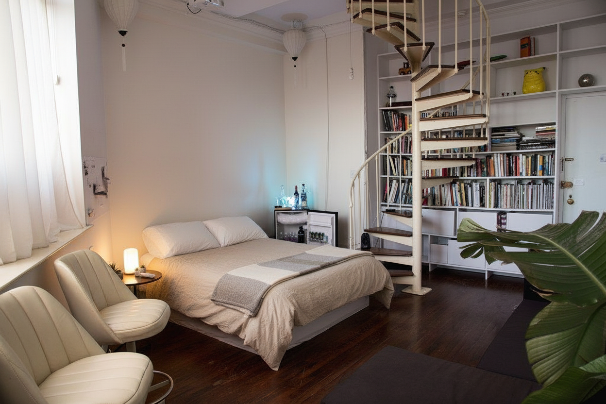 Clean up this bedroom for a real estate listing. Remove: personal photos, clutter on nightstands, clothes, excessive decorations. Keep: bed, nightstands, lamps, basic furniture. Make it look neat, neutral, and appealing to buyers. Bringing some beautiful lighting making the room feel cozy and warm