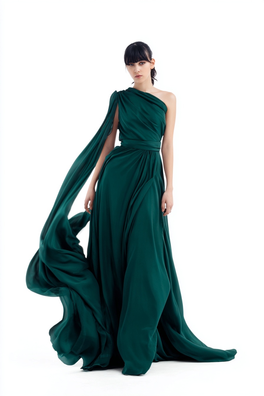 A modern minimalist evening dress, flowing silk fabric, deep emerald green, asymmetric neckline, floor-length, elegant draping, studio photography, white background