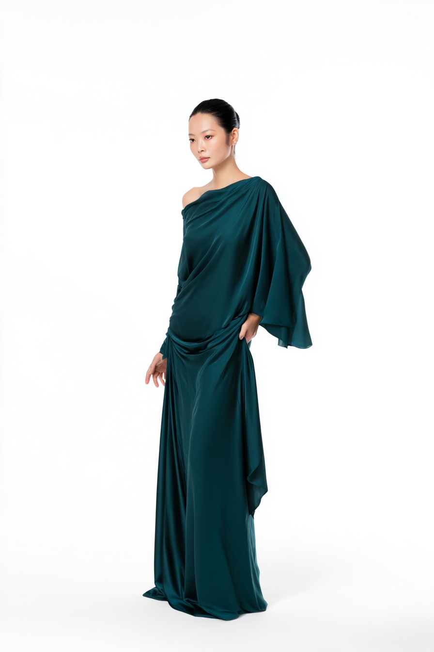 A modern minimalist evening dress, flowing silk fabric, deep emerald green, asymmetric neckline, floor-length, elegant draping, studio photography, white background
