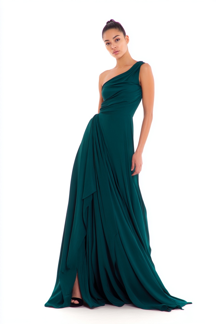 A modern minimalist evening dress, flowing silk fabric, deep emerald green, asymmetric neckline, floor-length, elegant draping, studio photography, white background